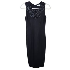 Calvin Klein Black Ruffled Zipper Floral Rose Shealth Dress LBD Women's Size 2